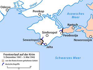 Примерная линия фронта в январе-апреле 1942 года во время Севастопольской обороны и битвы за Крым