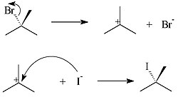 SN1 reactie van 2-bromo-2-methylpropaan met jodide