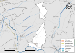 Carte en couleur présentant le réseau hydrographique de la commune