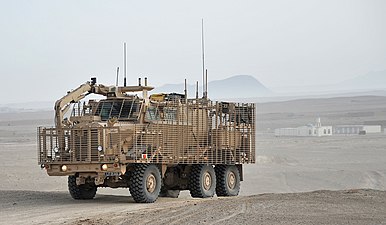 Buffalo vehicle with attached slat armor in Afghanistan
