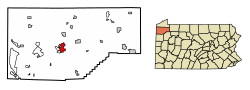 Location of Meadville in Crawford County, Pennsylvania.