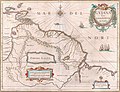 Image 5A map created circa 1649 depicting the Guiana region. Territory claimed by Spain in red to the west, Dutch Guiana highlighted in yellow and Portuguese territory in red to the southeast. The mythical Lake Parime is also visible. (from History of Guyana)