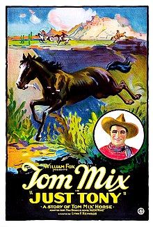 A poster featuring a painting of a black horse running in an old Western setting.