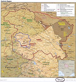 Srinagar lies in the Kashmir division (neon blue) of the Indian-administered Jammu and Kashmir (shaded tan) in the disputed Kashmir region.[2] =