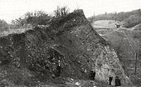 A black and white photo of workers standing in a large quarry.