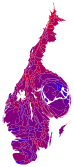 Cartograma de vot cu fiecare municipalitate proporțional cu numărul de voturi valabil exprimate , albastru închis reprezintă o majoritate relativă pentru coaliția de centru-dreapta, roșu aprins reprezină o majoritate relativă pentru coaliția de stânga.