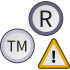 »R« v krogu, »TM« v krogu in klicaj v opozorilnem trikotniku.