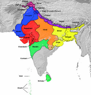 Khas language, shown as a Northern Indo-Aryan language "Nepali" (in purple color)