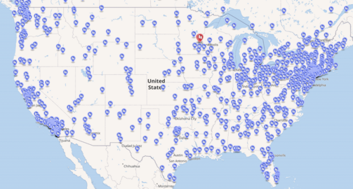 Map of protests in the contiguous U.S. states and adjacent parts of Canada