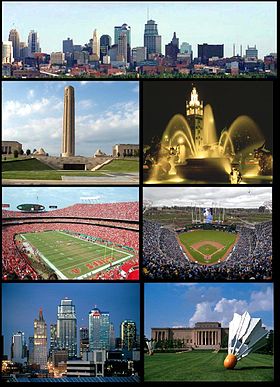 Din stânga sus, Downtown Kansas City skyline, the Liberty Memorial, the Country Club Plaza, Arrowhead Stadium, Kauffman Stadium, Kansas City skyline, the Nelson Atkins Museum