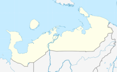 Mapa konturowa Nienieckiego Okręgu Autonomicznego, blisko centrum na dole znajduje się punkt z opisem „Narjan-Mar”