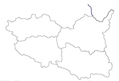Mapa konturowa kraju pardubickiego, u góry po lewej znajduje się punkt z opisem „Újezd u Přelouče”
