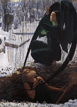 La mort du fossoyeur ("La morto de la tombofosisto") de Carlos Schwabe estas vida kompendio de simbolismaj motivoj. Mortulo kaj anĝeloj, nova neĝo, kaj la dramecaj pozoj de la roluloj esprimas simbolismemo por transfigurado "ie ajn, ekster la mondo."