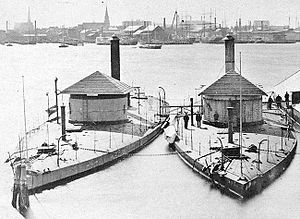 USS Shawnee and the USS Wassuc laid up at the Boston Navy Yard, circa 1871-72