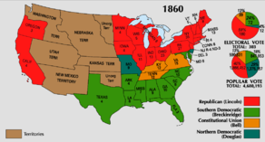 Map of the U.S. showing Lincoln winning the North-east and West, Breckinridge winning the South, Douglas winning Missouri, and Bell winning Virginia, West Virginia, and Kentucky.