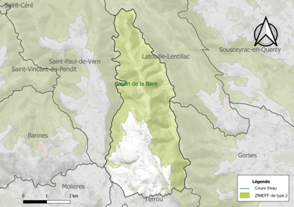 Carte de la ZNIEFF de type 2 sur la commune.