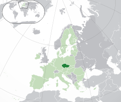 the  ઝેક ગણરાજ્ય નું સ્થાન  (dark green) – in Europe  (green & dark grey) – in the European Union  (green)  –  [Legend]