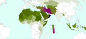 Gwlasow gans 10% po moy a holyoryon Islamek - gwyrdh - Sunni, rudhlas - Shi'a, glas - Ibaditiaid