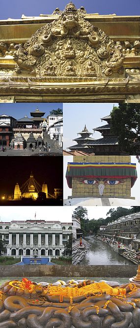 Da esquerda para a direita e de cima para baixo: 1) um toran; 2) templo de Degutaleju com o templo de Taleju ao fundo, na Praça Darbar; 3) templo de Swayambhunath; 4) estupa de Boudhanath; 5) Singha Darbar; 6) rio Bagmati no templo de Pashupatinath; 7) Budanilkantha (estátua de Vixnu)
