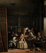 委拉斯開茲的《侍女》 (Las meninas)，318 × 276cm，約繪於1656年，1819年始藏，來自腓力四世的收藏[70]