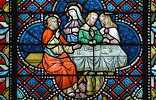 Glas-in-loodraam uit de beginperiode: "Het leven van Christus - De bruiloft te Kanaä", in 1879 gemaakt door glazenier Jean-Baptiste Bethune.