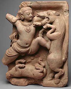 Relief en terre cuite Gupta, Krishna tuant le démon cheval Keshi, Ve siècle