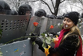 נערה שוזרת ורדים במגינים של משטרת ההפגנות. קייב, דצמבר 2004