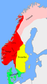 Noruega unificada durante el reinado de Olaf II el Santo c. 1020 d.C. En rojo pálido Finnmarken ("Marcas de los Samis"), la mayor parte de los cuales pagaron tributo a los reyes de Noruega.