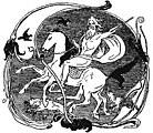 Odin montando a Sleipnir, mentres os seus corvos Hugin e Munin, e os seus lobos Geri e Freki aparecen ao seu arredor. Ilustración de 1895 do ilustrador danés Lorenz Frølich, publicada en Den ældre Eddas Gudesange).