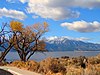 Washoe Lake in the foreground with a mountain in the background