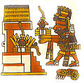 Codex Borgia. Xiuhtecuhtli as one of the nine Lords of the Night offering rubber balls