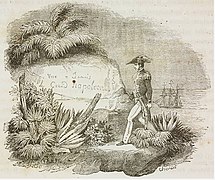 An English captain coming across engraving (for Napoleon) on rock.jpg