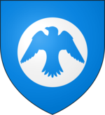 A coat of arms showing a white falcon flying out of a white moon on a sky blue field