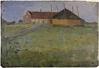 Farmhouse with Haystack label QS:Len,"Farmhouse with Haystack" label QS:Lpl,"Wiejski dom ze stogiem siana" label QS:Lnl,"Boerderij met hooiberg" 1894-1897. oil on paper medium QS:P186,Q296955;P186,Q11472,P518,Q861259 . 36.5 × 54 cm. The Hague, Gemeentemuseum Den Haag.