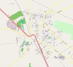 Mapa konturowa Moniek, na dole po prawej znajduje się punkt z opisem „Moniecka Spółdzielnia Mleczarska w Mońkach”