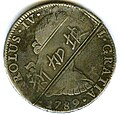 Anverso de moneda de 8 reales (plata) de Carlos IV de 1789 con resello de Singapur.