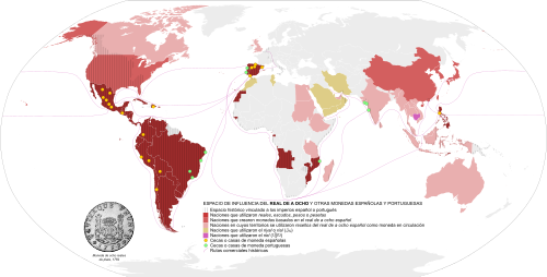 Espacio de influencia del real de a ocho y otras monedas españolas y portuguesas