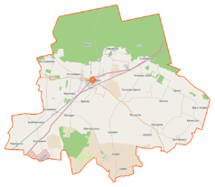 Mapa konturowa gminy Gniewkowo, blisko centrum na dole znajduje się punkt z opisem „Wierzbiczany”