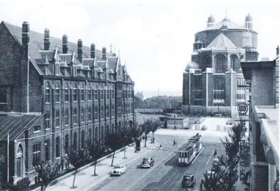 Rear view of the basilica and the Collège du Sacré-Cœur of Ganshoren, c. 1956