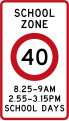 (R1-6.1) 40 km/h school zone speed limit in effect during times specified