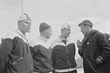 Skøyteløperne Per Ivar Moe, Knut Johannesen og Fred Anton Maier intervjues av NRKs Knut Bjørnsen under Vinter-OL i Innsbruck 1964 Foto: Billedbladet NÅ/Riksarkivet