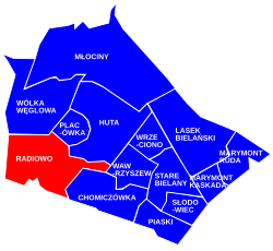 The location of Radiowo within the district of Bielany, in accordance to the divisions of the City Information System.