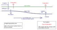 Salinización del suelo en la parte sin riego del terreno plano con acuífero importante.