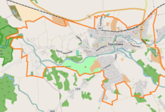 Mapa konturowa Szprotawy, na dole po prawej znajduje się punkt z opisem „Kościół Zbawiciela Świataw Szprotawie”