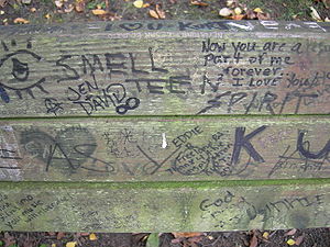 Zdjęcie z 2007 roku. Drewniana ławka pokryta jest czarnymi napisami, przeważnie w języku angielskim.