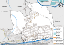 Carte en couleur présentant le réseau hydrographique de la commune