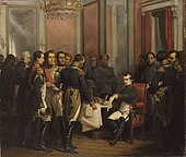 Tableau montrant l'empereur assis à un bureau, tendant l'acte qu'il vient de signé à un maréchal se tenant debout, les autres maréchaux l'entourant.