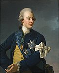 Gustav III år 1772. Porträttet (målat av Alexander Roslin) visar monarken iförd kuppmakaruniformen från 1772. Han bär Serafimerorden (blått band och kraschan), Nordstjärneorden (svart band) samt Vasaorden. Den vita armbindeln blev en detalj till officersuniformen efter kuppen 1772.