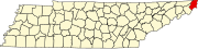 Hartă a statului Tennessee indicând comitatul Johnson