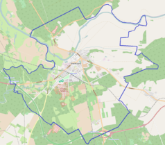 Mapa konturowa Skwierzyny, blisko centrum na dole znajduje się punkt z opisem „Cmentarz żydowski w Skwierzynie”